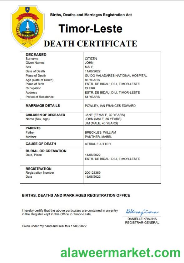 Timor-Leste vital record death certificate Word and PDF template